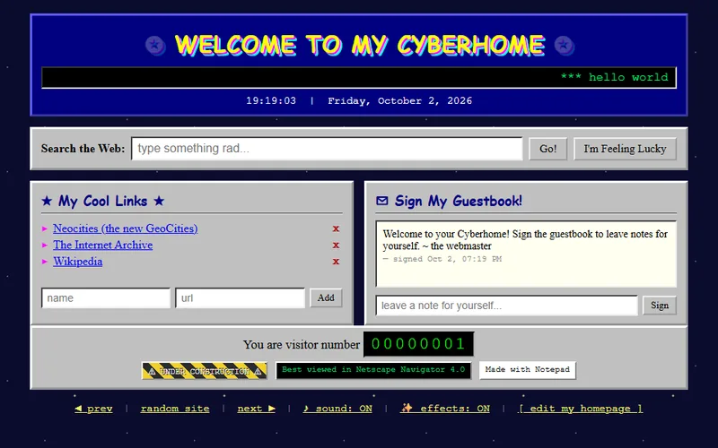 Cyberhome: a Web 1.0 style homepage with a hit counter and guestbook.