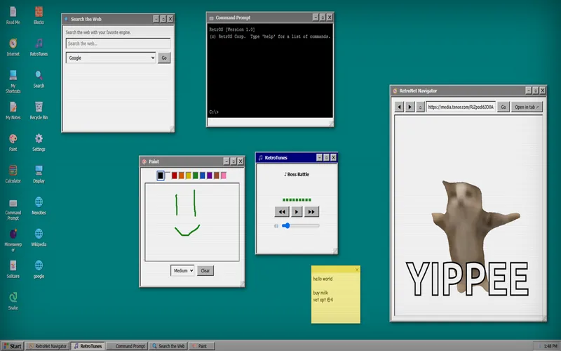 RetrOS: a teal retro desktop with draggable windows, a paint program and a taskbar.