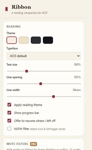 Ribbon settings panel with reading themes, typeface and spacing controls.