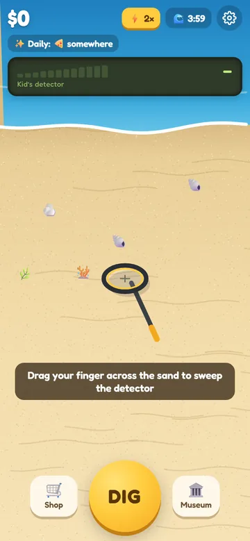 beepbeach: a metal detector sweeping a sandy beach.