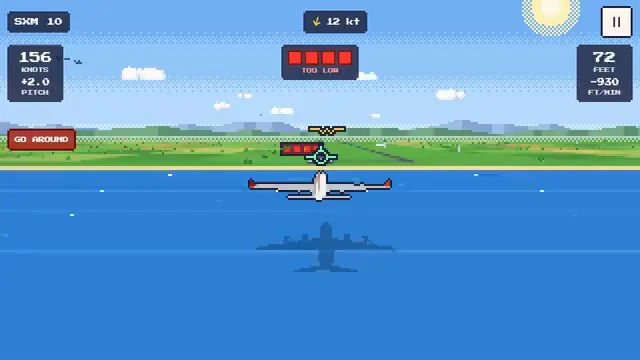 butter in pixel art: a jet on short final over the water at St. Maarten, the beach and runway 10 ahead.