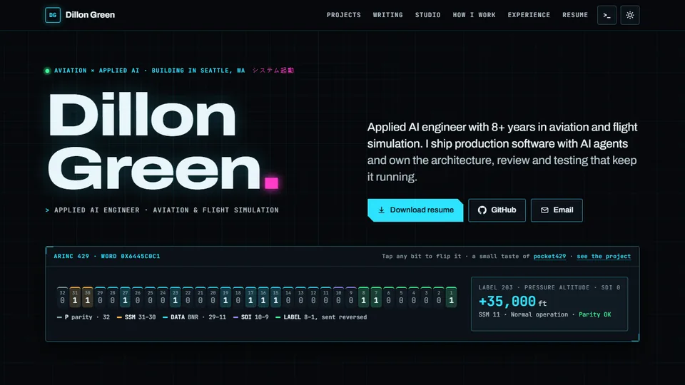 The dillongreen.dev home page: name, intro, resume and contact buttons, and the ARINC 429 bit-flipper.