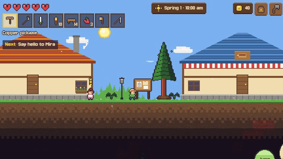 Fernwood: a sunny spring morning in the village, a farmer in a straw hat by the notice board, Mira outside her cottage, a tall pine and the general store.