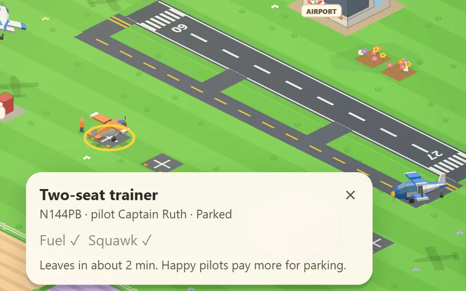 Little Airfield: an isometric grass airfield with a paved runway, a parked trainer and a plane taxiing in.
