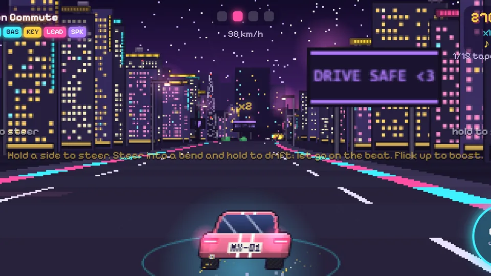 Mixtape Drift: a pink pixel-art car on a neon city highway at night, under a LOFI FM 88.3 billboard, with the hint 'Boost on the beat. Let go of a drift on the beat.'