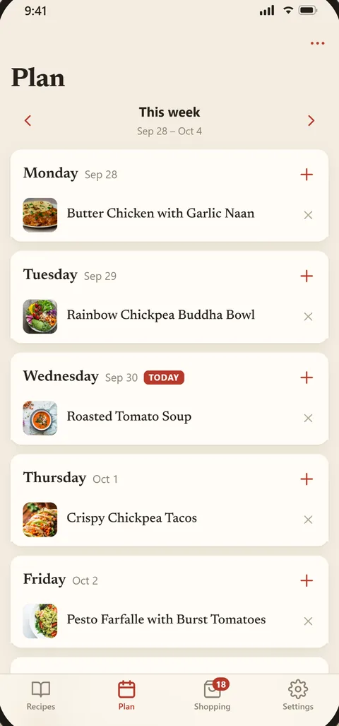Crumb weekly meal plan.