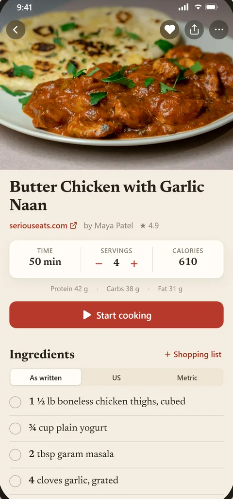 Crumb recipe screen with servings scaling and an ingredient list.