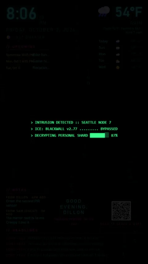 Smart mirror easter egg: a fake netrunner intrusion typing itself across the glass.