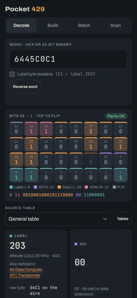 pocket429 decode screen: word 6445C0C1 shown as 32 tappable bits, decoded as label 203 altitude.