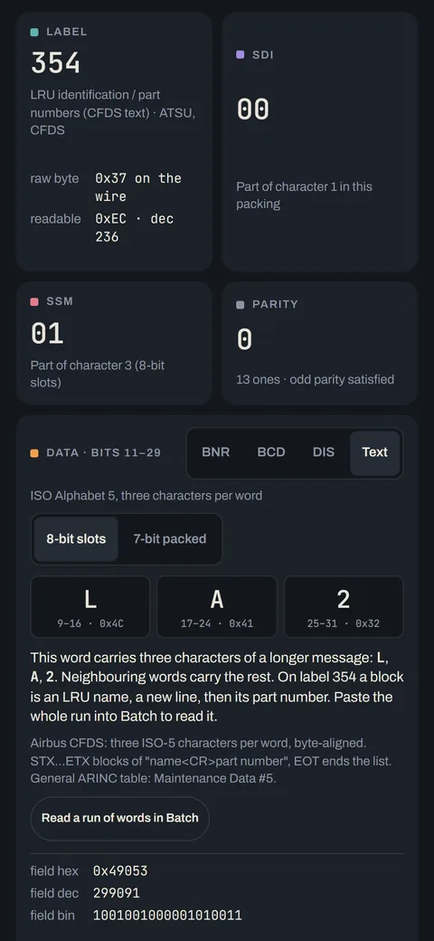pocket429 decoding an ISO-5 text word into three characters.